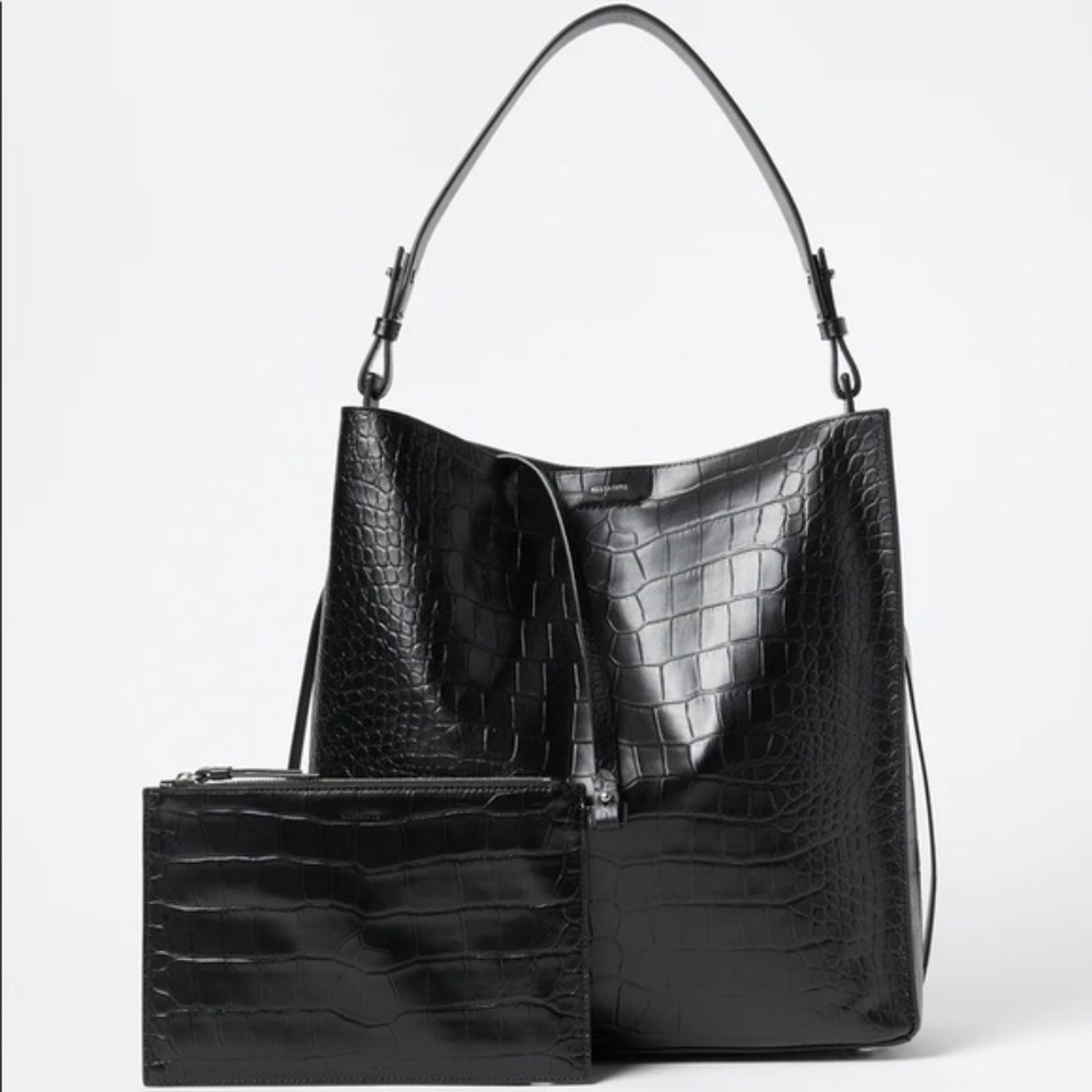 AllSaints Polly Croc Embossed Leather North/South Tote with Removable Pouch
